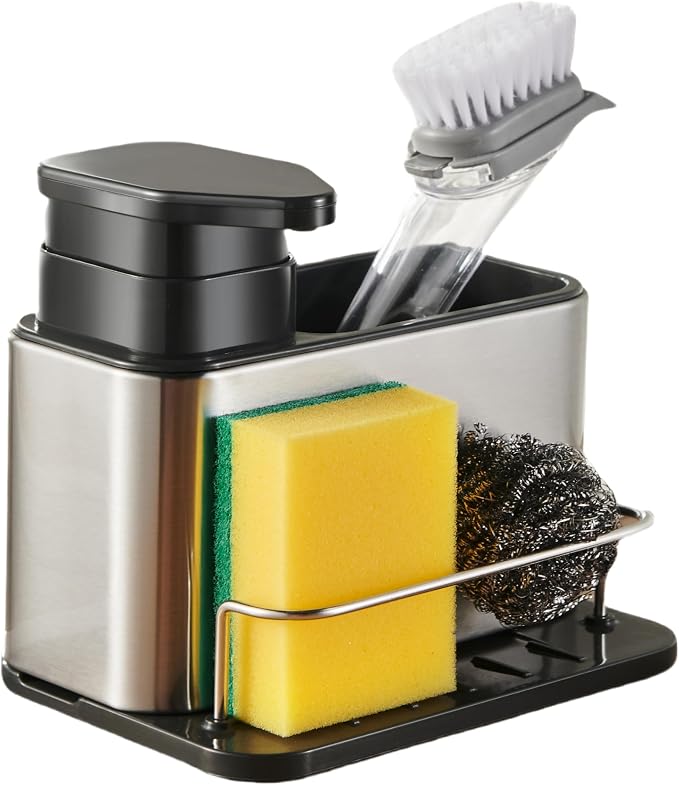 LIBODOUR 3-in-1 Kitchen Sink Caddy,Dish Soap Dispenser with Sponge Holder | Stainless Steel Dish Brush Scrubber with Sponge Holder for Kitchen & Bathroom