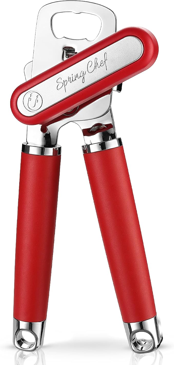 Spring Chef Stainless Steel Manual Can Opener with Soft Grip Handles, Red | Heavy Duty Hand Can Opener for Seniors with Smooth Edge, Easy Turn, 3in1 Can Opener with Magnetic Lid Remover & Bottle Opener