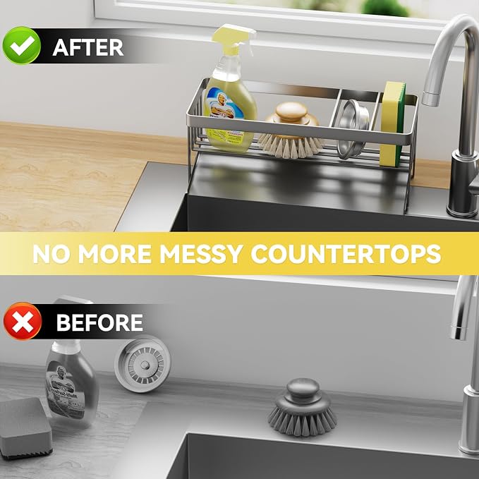 Kitchen Sink Caddy Organizer for Kitchen Countertop Organizers Grey | 304 Stainless Steel, Removable Drip Tray, Home Decor Accessories