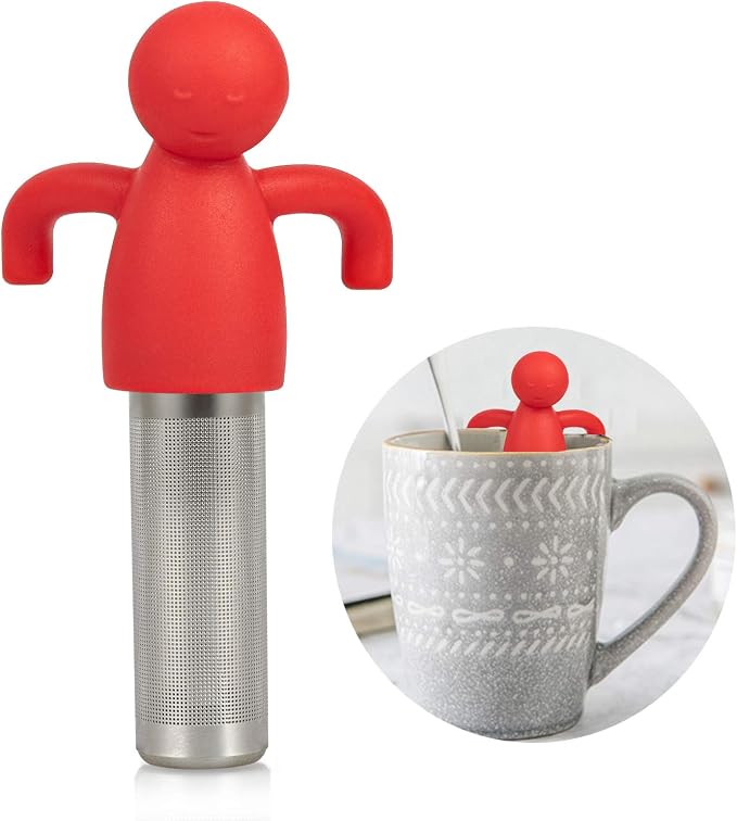 Leden Cute Tea Infuser for Loose Leaf Tea, Extra Fine Mesh Tea Steeper Red | Stainless Steel Fun Person-shaped Design Tea Strainer Filter with Silicone Handle for Loose Tea Ball for Cup Mug