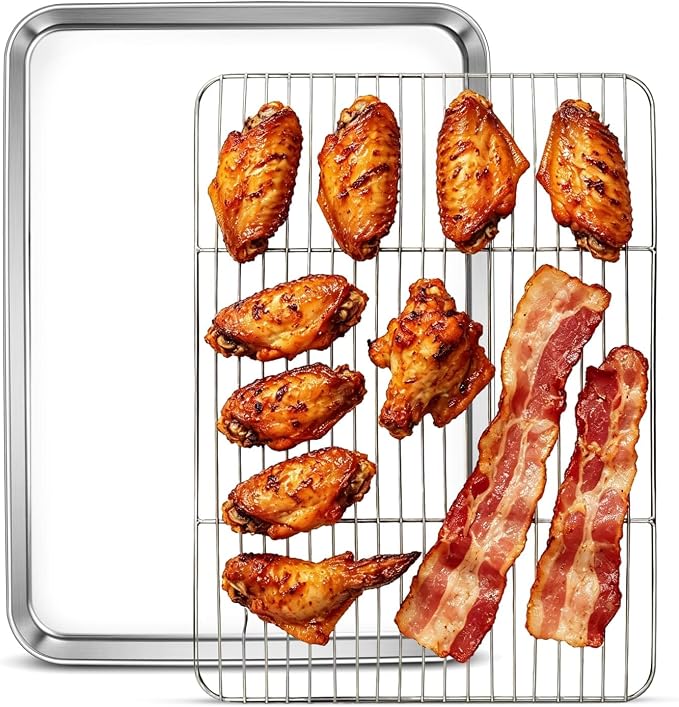 Herogo Baking Sheet with Wire Rack Set(1 Pans + 1 Racks), 16" x 12" x 1" Stainless Steel Jelly Roll Pan with Cooling Rack Set for Baking & Roasting, Non Toxic & Easy Clean