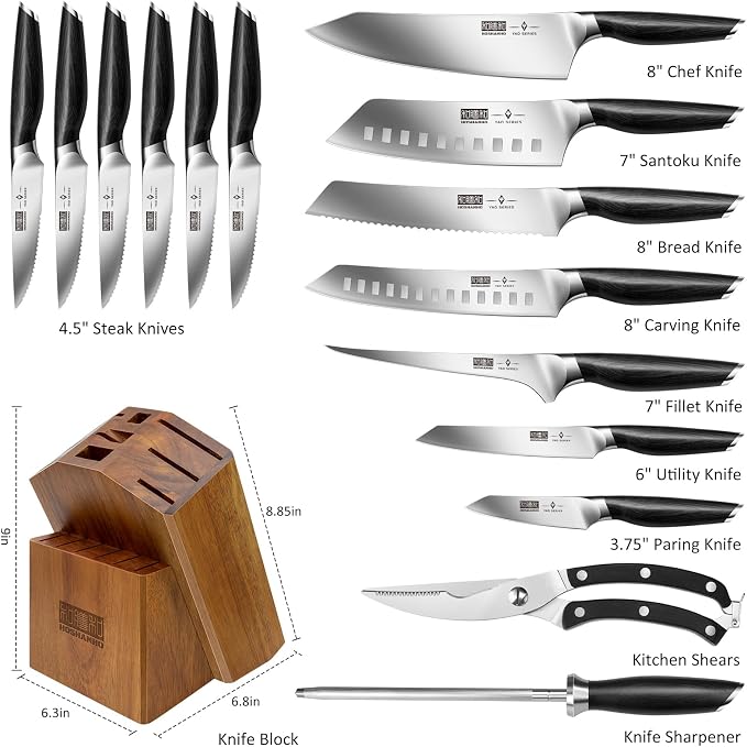 HOSHANHO 16-Piece Kitchen Knife Set with Block, Ultra Sharp Chef Knife Set | High Carbon Powder Steel Knife Block Set, Professional Knife Set with Sharpener, Ergonomic Pakkawood Handle