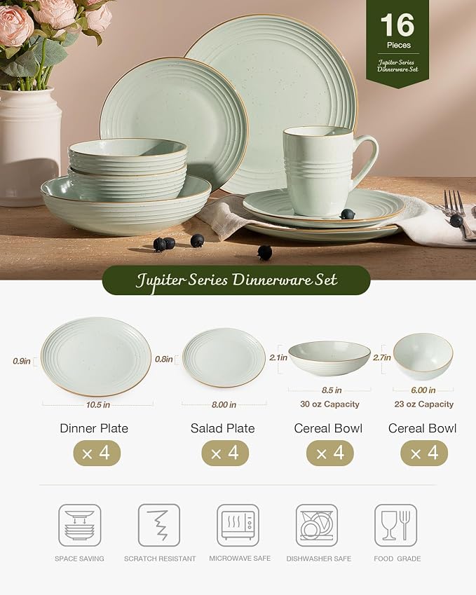 Famiware Jupiter Stoneware Dinnerware Sets with Pasta Bowls, Dishes for 4 | 16 pcs Speckled Plates and Double Bowls with Rim, Chip & Scratch Resistant, Microwave & Dishwasher Safe, Modern Neutral Green
