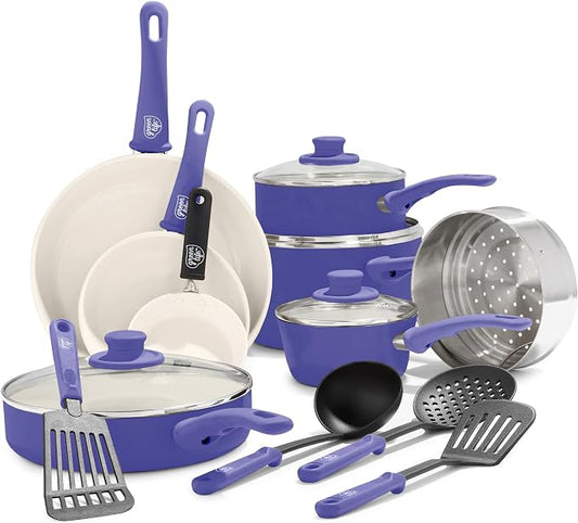 GreenLife 16 Piece Ceramic Nonstick Pots & Pans Cookware Set, Periwinkle | PFAS-Free Nonstick Coating, Stockpot, Frying Pans, Saucepans, Sauté Pan, Stay-Cool Handles, Dishwasher & Oven Safe up to 350F