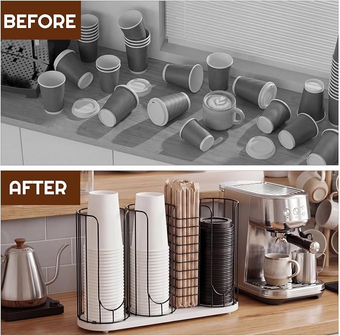 18oz Adjustable Coffee Cup Dispenser with Wooden Base, Cup and Lid Holder, Cups Holder Organizer for Coffee Pod Straw and Lid Storage(4-compartment Single,Color 3)