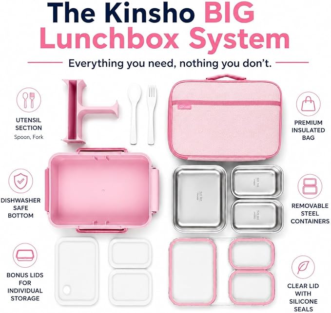 kinsho BIG Bento Lunch Box & Bag, Stainless Steel - Adults Teens Kids Pink | Holds 5 Cups in 3 Removable Metal Containers, Silicone Seals, Bonus Lids, Insulated, Utensils, Leakproof for Work School Food