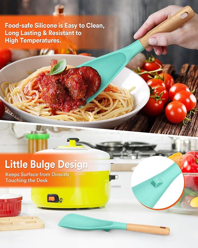 Cooking Spoon and Rice Scooper for Nonstick Cookware,Multi-function | Great for Cooking and Serving, Sturdy BPA-Free Matte Silicone, Wood Handle Spoon for Mixing, Scoop, and Scrape,9.3"+14.3"