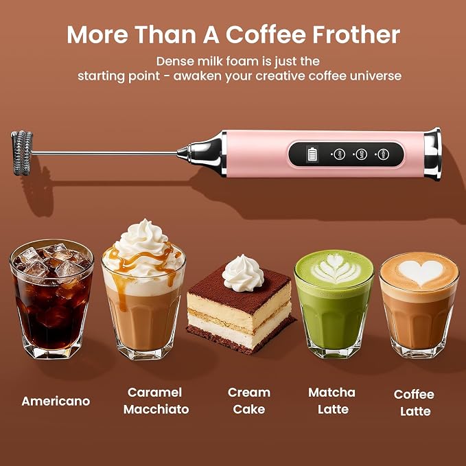 YUSWKO Milk Frother Wand for Coffee, Coffee Frother Handheld Drink Mixer | Rechargeable Mixer Wand, Waterproof Electric Whisk for Protein Powder, Lattes, Cappuccino, 3 Variable Speeds 3 Whisks, Pink