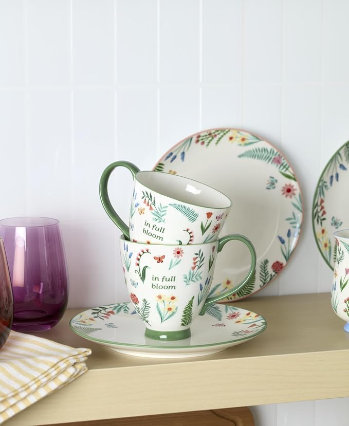 Oneida First Blooms Green Porcelain Mug Set for 2, 12oz | dishwasher safe, microwave safe | floral design | coffee mug gift for coffee lovers | 4.01 inch, 12oz