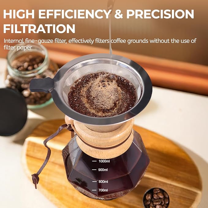 Pour Over Coffee Maker 1000ml with 304 Stainless Steel Filter Wooden Collar Holder Borosilicate Glass Drip Coffeemaker Server Set Clear Hand Brew Dripper Carafe for Home Camping Travel 33.8oz