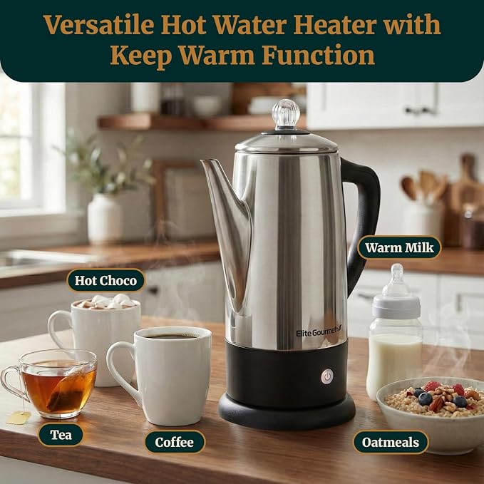 Elite Gourmet EC812 Electric 12-Cup Coffee Percolator, Stainless Steel | Keep Warm, clear brew progress knob, cool-touch handle, cordless serving base - great for entertaining