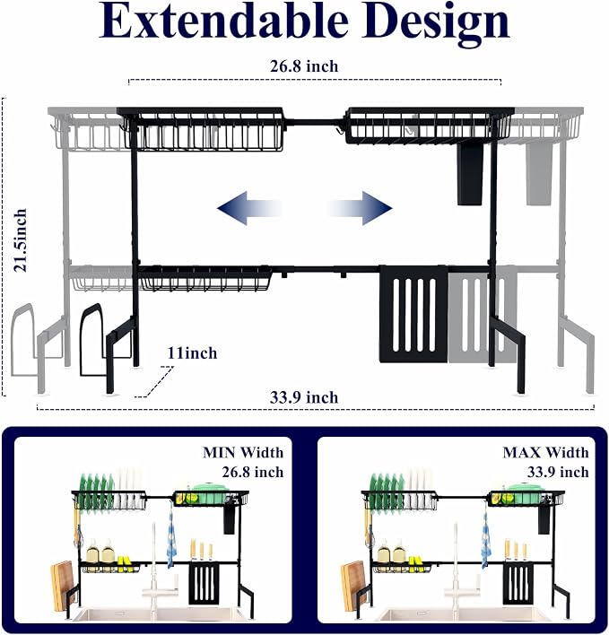 Kitsure Adjustable Over The Sink Dish Drying Rack, 26.8" -33.9"x21.5" | Sink Drying Rack for Kitchen Sink, Dish Rack Over Sink with Cutlery & Utensil Holders, Kitchen Storage, Black