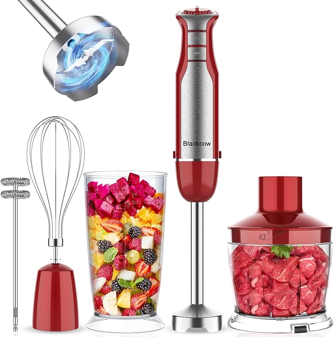 Blackcow Immersion Blender Handheld, Corded Hand Blenders Set 800W, 6 Speed Stick Blender 5 in 1 Stick Emulsifier with Chopper, Whisk and Frother for Soup, Baby Food and Smoothies, Red