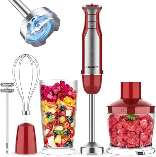 Blackcow Immersion Blender Handheld, Corded Hand Blenders Set 800W, 6 Speed Stick Blender 5 in 1 Stick Emulsifier with Chopper, Whisk and Frother for Soup, Baby Food and Smoothies, Red