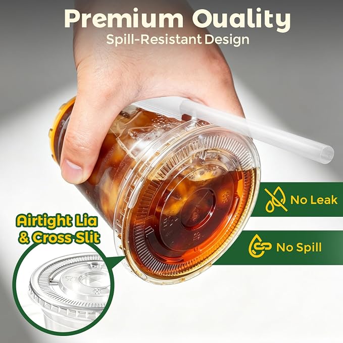 Charmount 100 Sets 16 oz Plastic Cups with Lids and Straws | Clear Disposable Cups for Dirty Soda, Iced Coffee & Smoothies, Plastic Bar Supplies for Cold Drinks