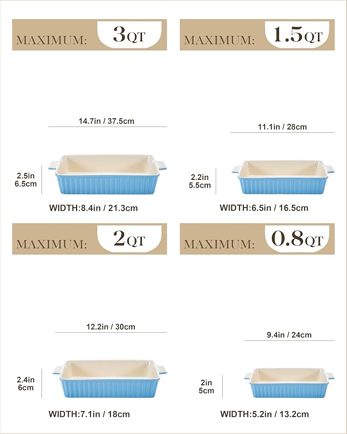 MALACASA Casserole Dishes for Oven, Ceramic Bakeware Set of 4, Blue | Deep Lasagna Pans for Versatile Use, Durable Bakeware for Roasting Vegetable, Gift Set, Dishwasher Safe(9.4/11.1/12.2/14.7")