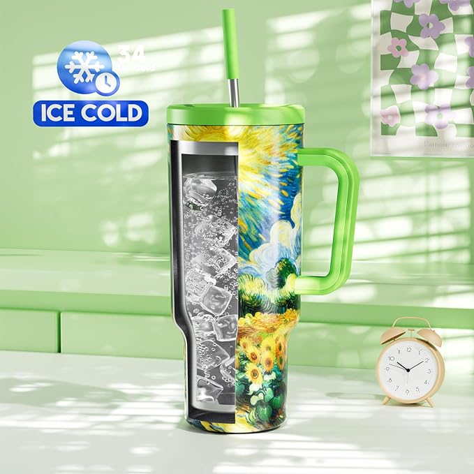 Meoky 40 oz Tumbler with Handle and Straw: Stainless Steel Insulated Tumbler with Lid and Straw - 100% Leak Proof Tumbler for Car Cup Holders - Travelers Commuters Workers, Sunflower
