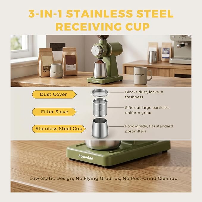 Electric Burr Coffee Grinder, 8 Grind Settings Cream Style Green | 64mm Stainless Steel Flat Burr, Low Static & Quiet, for Espresso Pour Over French Press, 3-in-1 Receiving Cup, Easy Clean
