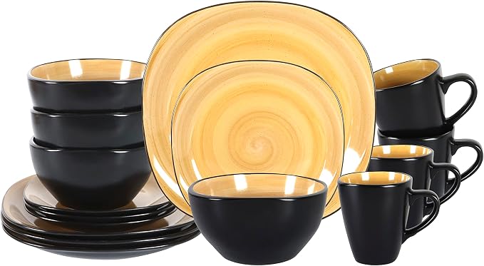 HomeVss, Stoneware Square 16pc Dinnerware Set, Inside Spinwash Swirl Yellow + Outside Black