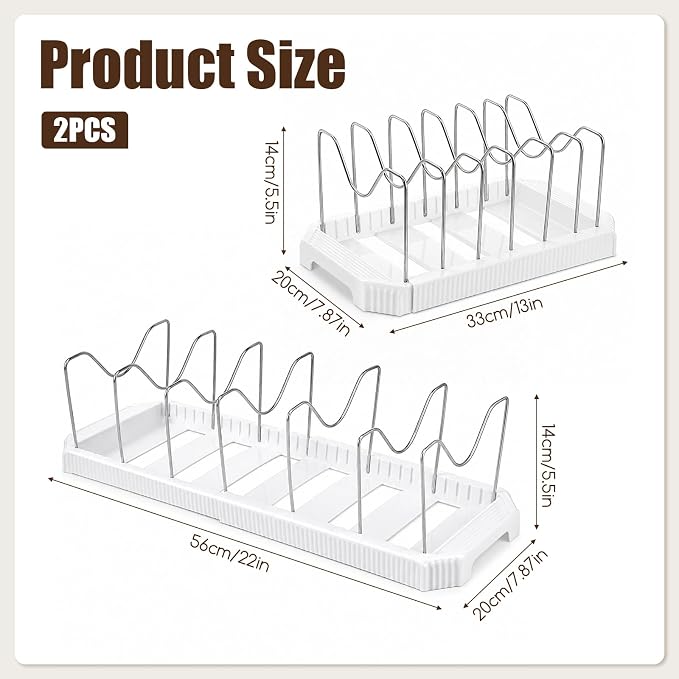 2 Pack Expandable Pot and Pan Organizer Rack for Kitchen Cabinet | Adjustable Lid Holder with 7 Adjustable Dividers Pot and Pan Lid Holders Rack Space-Saving Storage for Renters Homes