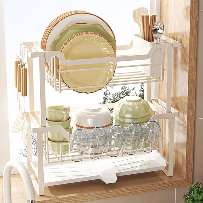 HABITLLO 2-Tier Dish Drying Rack with Drainboard, Large Capacity Dish Racks for Kitchen Counter Shelf with Utensil, Cups, Cutlery & Cutting Board (White)