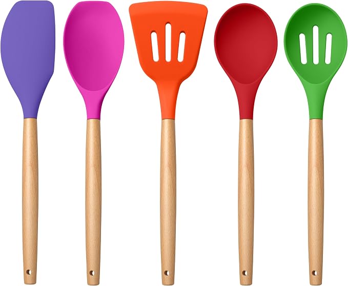 E-far Silicone Cooking Utensils Set, 5-Piece Kitchen Utensils Set with Wooden Handle for Cooking, Silicone Kitchen Nonstick Tools Spatula Turner Slotted Spoons, Nontoxic & Heat Resistant-Colorful