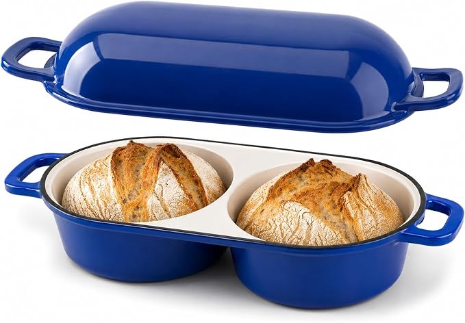 Mini Enameled Cast Iron Bread Loaf Pot with Lid, 6-Inch Double Dutch Oven | For Sourdough Baking, Dual Round Loaf Cavities for Homemade Bread, Cake or Meatloaf, Non Stick, 500°F Oven Safe Blue