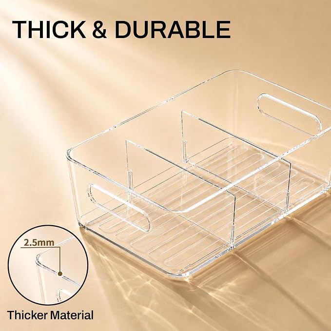 Mpotmiy 4-Pack Pantry Organizers and Storage, Clear Fridge Organizer Bins | Clear stackable plastic bins with removable dividers for packets, snacks, pouches and spices in pantry, fridge or freezer.