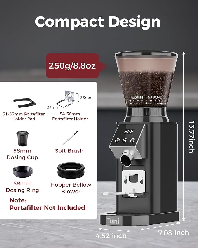 Tuni G1 40mm Conical Burr Coffee Grinder with 48 Grind Settings, Black | Anti-static Burr Mill, Precision Electronic Timer & LED Touchscreen for Espresso/Drip/Cold Brew/French Press, Stainless Steel
