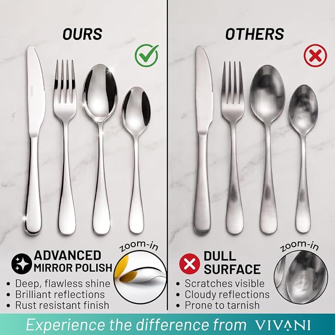 VIVANI 16 Piece Silverware Set for 4, Premium Stainless Steel Cutlery Set | Dishwasher safe, ergonomic handle, mirror polished, rust resistant for home, kitchen, dorms, apartments and hosting