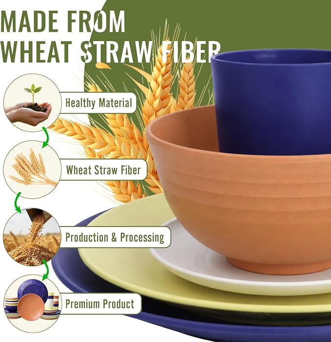 Wheat Straw Dinnerware Sets 40 PCS - Dishes Set for 8 Unbreakable Plates and Bowls Sets with Cups Dishwasher & Microwave Safe Lightweight Dinnerware for Kitchen Camping RV - Mondrian Colors