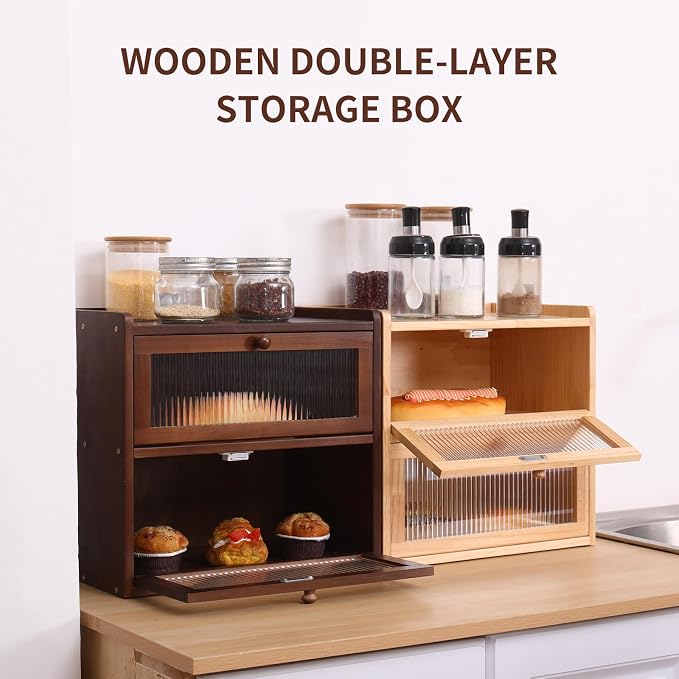 Double Layer Large Bread Box for Kitchen Counter, Wooden Bread Storage Container with Acrylic Window (natural)