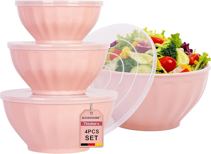 BoxedHome Mixing Bowls with Lids Set, 8 pieces Large 0.2” Thick Plastic Nesting Mixing Bowl, Microwave Safe,Size 5.92, 4.12,3.06,1.80 Quart, Pink