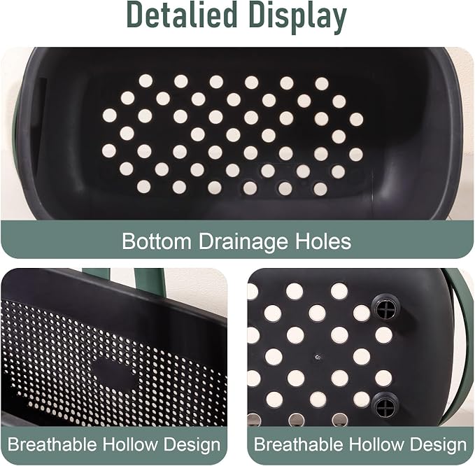 Portable Shower Caddy Basket with Handle Plastic Storage Basket Black Green | Sturdy Drainage Large Capacity Organizer Basket with Silicone Handles for Bathroom Kitchen Bedroom College Dorm Essentials