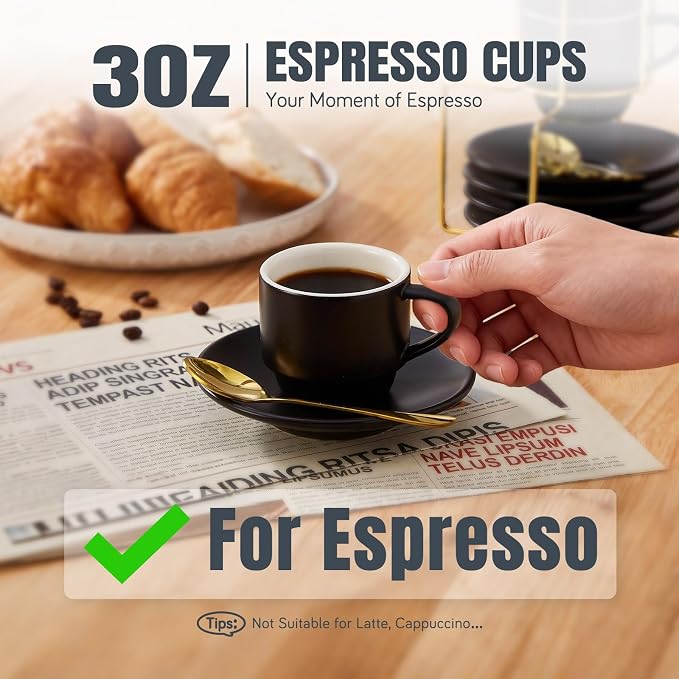 Lareina 3-Ounce Espresso Cups Set of 4, Small Stackable Coffee Cups with Saucers, Spoons and Metal Stand, Ceramic Demitasse Mugs, Espresso Accessories for Machine, Black