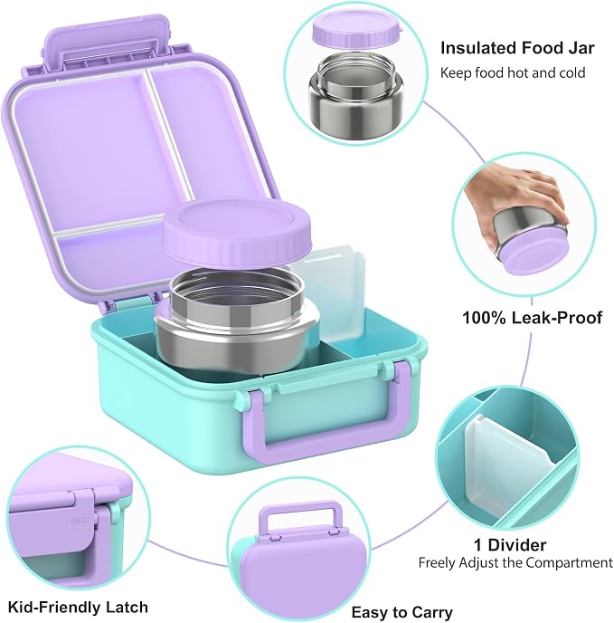 Kids Bento Lunch Box with Soup Thermo (9oz)– Hot & Cold Lunch Container with Leak Proof Insulated Food Jar for School Girls Boys, Ideal Size for Ages 3 to 7, Purple/Blue