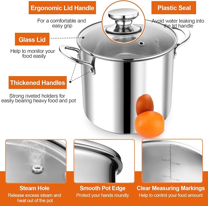 P&P CHEF 8 Quart Stock Pot with Lid, 8 Qt Large Stainless Steel Stockpot | Good for Cooking Pasta Soup, Cookware for Induction Gas Electric Stoves, Visible Lid & Measuring Markings, Dishwasher Safe