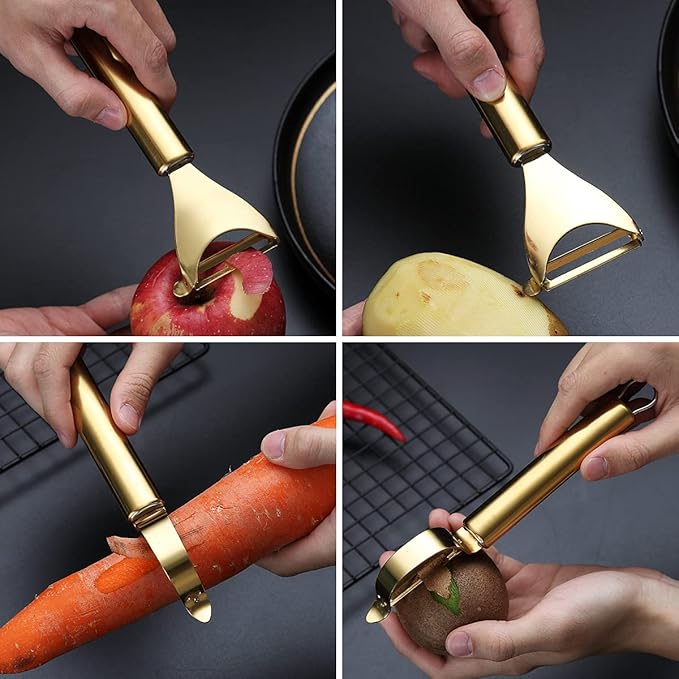 Gold Potato Vegetable And Fruit Peelers For Kitchen, Kyraton Titanium Gold Plating Stainless Steel Peelers,Sharp Blade And Ergonomic Non Slip Easy To Grip Set Of 2