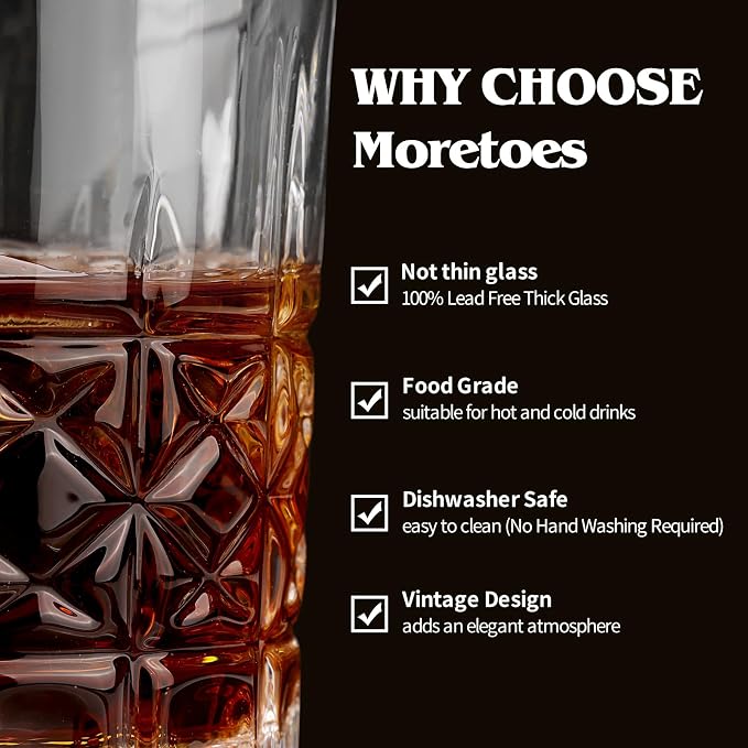 Moretoes Drinking Glasses, 12 Piece Crystal Glass Cups | Mixed Glassware Set, 6 Crystal Old Fashioned 10oz and 6 Highballs Glasses, Great for Cocktail, Whisky and Other Beverages