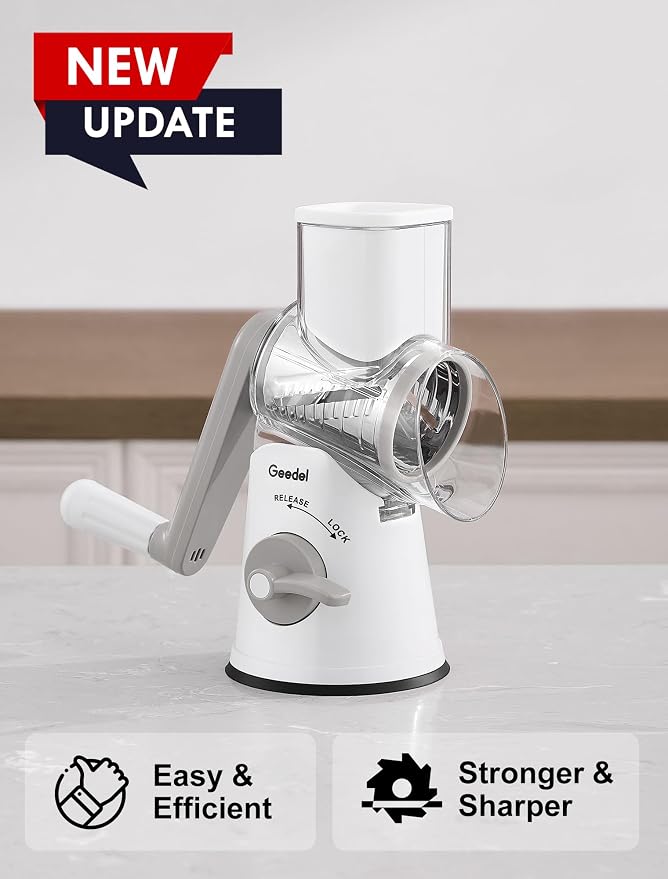 Geedel Upgraded Rotary Cheese Grater, 5 in 1 Cheese Shredder Veggie Slicer | Non-slip Suction Base, 430 Stainless Steel, No BPA, Dishwasher Safe, for Cheese Shredding, Wavy Slicing, Ice Shaving