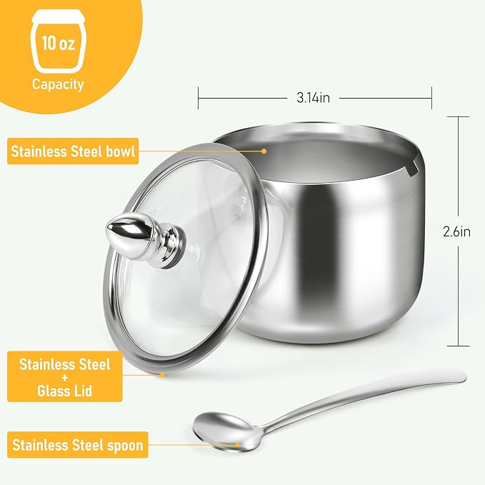 holoith Sugar Container with Glass Lid and Spoon, Silver