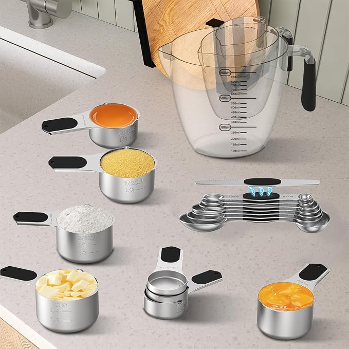 Magnetic Measuring Cups and Spoons Set,Stainless Steel 5 Dry & Liquid Measuring Cups Dry,7 Magnetic Measuring Spoons,3 Plastic Measuring Cup with 1 Measuring Conversion Chart for Cooking & Baking