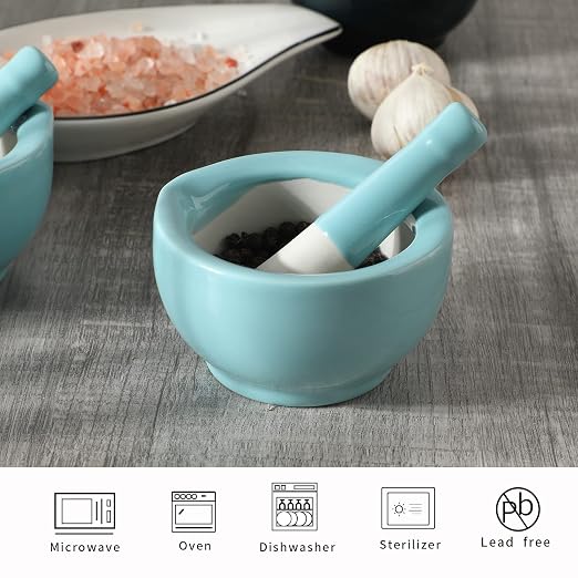Mortar and Pestle Set (3.2 Inch-Turquoise) | Ceramic stoneware, sturdy, multi-purpose, spice/herb/pill, easy-clean, non-slip, comfy, dishwasher-safe, compact, elegant