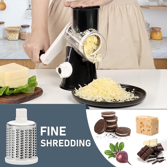 Rotary Cheese Grater Hand Crank Black - Shredder Slicer Grinder 3 Stainless Steel Blades, Stable Suction, Labor-Saving Handle, Safe Kitchen Tool for Cheese, Vegetable, Nuts, Chocolate