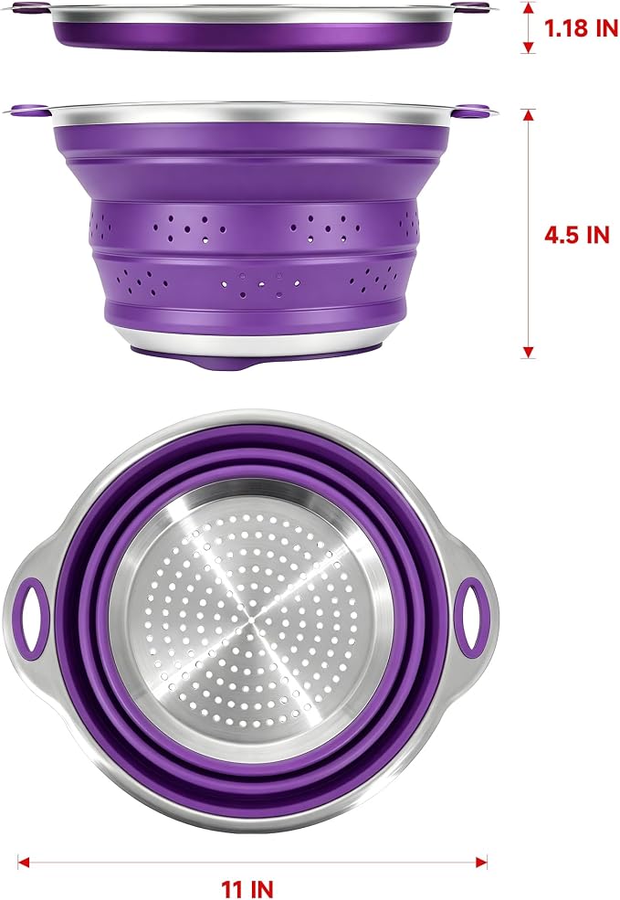 Mejoncb Collapsible Colander – Platinum Silicone Strainer with Stainless Steel Base, BPA-Free & Heat Resistant Kitchen Drain Basket (Purple)