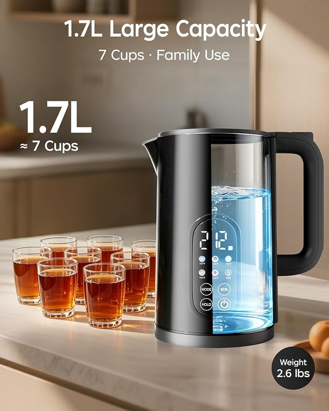 1.7L Stainless Steel Electric Kettle with Temperature Control–Black | 5 Preset Temperatures for Tea & Boiling Water, 2H Keep Warm, 1200W BOIL Mode, 304 Stainless Steel Interior, Cordless Base