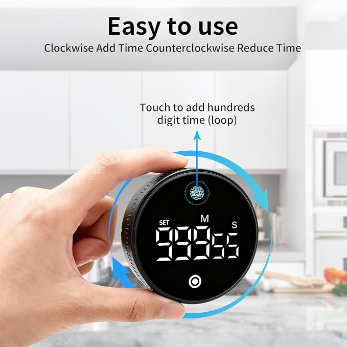 Digital Kitchen Timer, Magnetic Visual Countdown Countup Timer with Large LED Display, Adjustable Volume, Easy for Seniors and Kids, for Cooking, Classroom, Fitness, Study (Black)