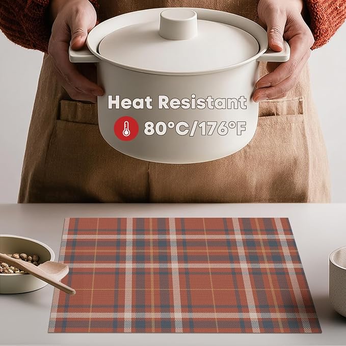 Artoid Mode Stripe Plaid Vinyl Placemats Set of 4, 12x18 Inch Washable Non-Slip Heat Resistant Plastic Place Mats for Party Dining Table, Rust