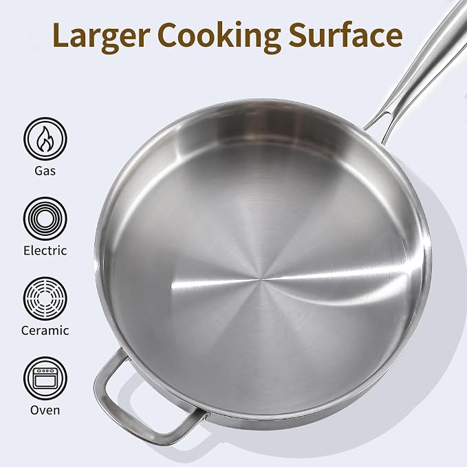 DELARLO 6QT Saute Pan Tri-Ply Stainless Steel Pan 12Inch Deep | Frying Pan with Steel cover, Kitchen Large Skillet ,Heavy Duty Style Compatible With All Cooktops Up to 650℉