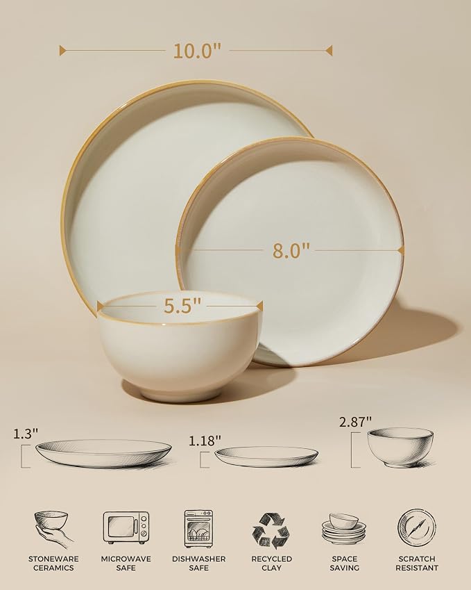 Stoneware Dinnerware Sets for 6, 18 Piece Microwave Safe Plate and Bowl Set, Easy to Clean & Durable Dishes Sets for Small to Medium Families, Yellow White